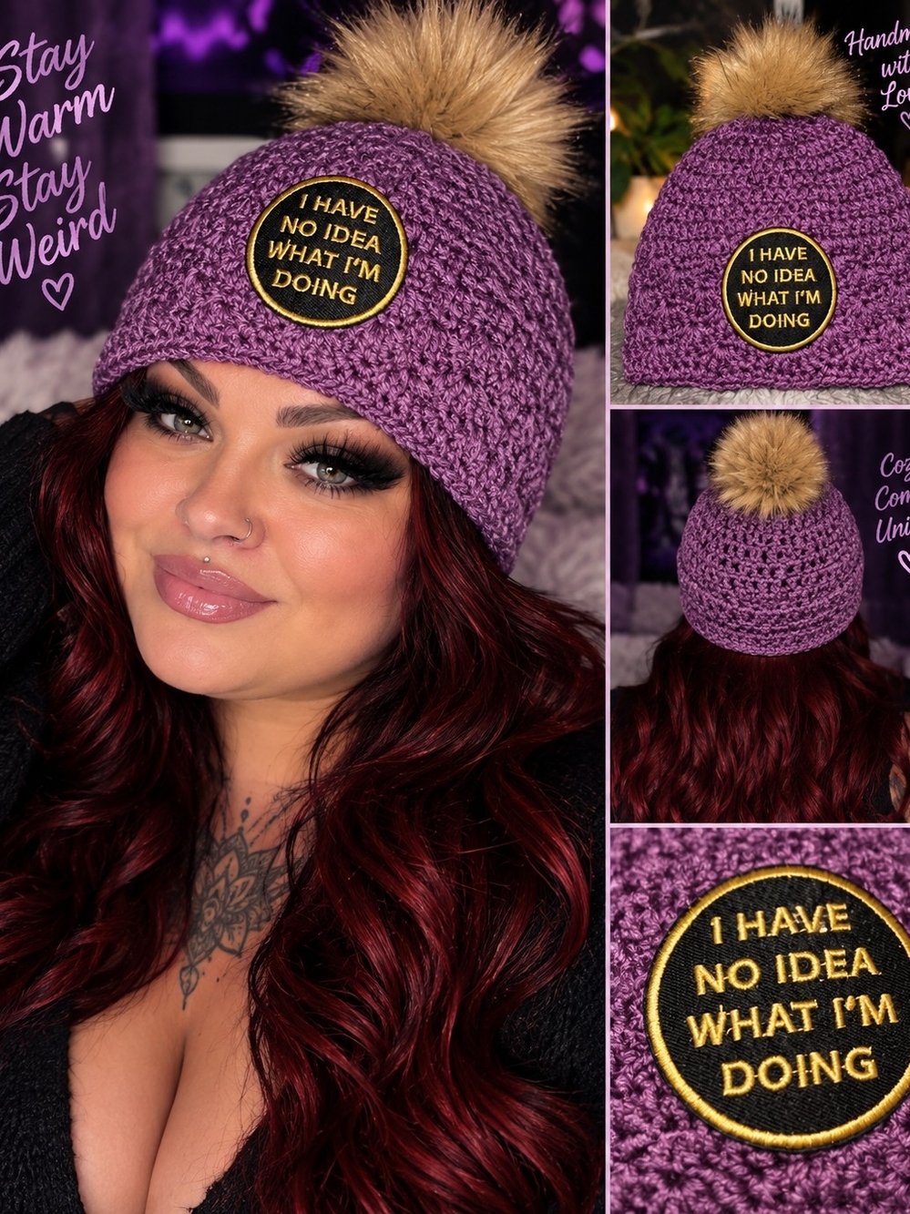Handmade Purple Pom Beanie - 'I Have No Idea What I'm Doing' Patch